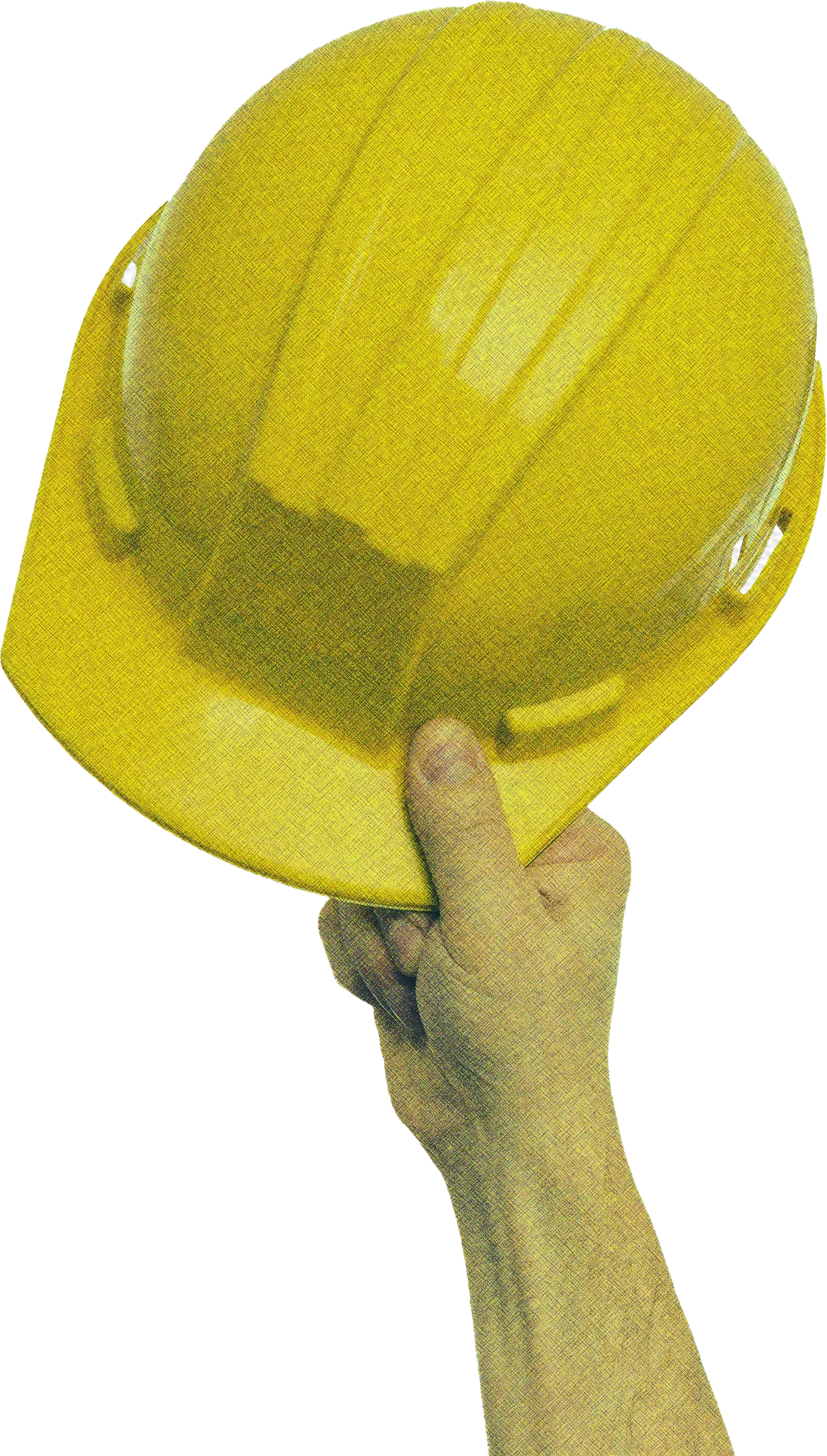 Mano che solleva un casco giallo da cantiere, simbolo di sicurezza e professionalità